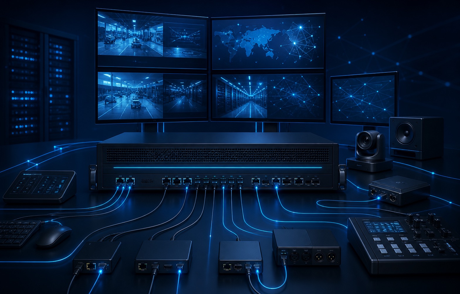 Équipement KVM professionnel connecté à un système audiovisuel